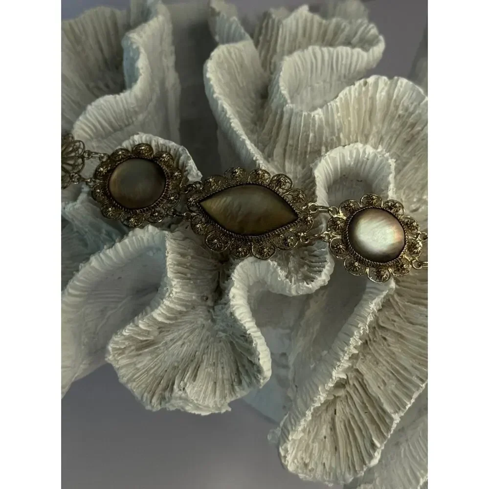 Vintage Beautiful 925 Sterling Silver Abalone Bracelet Length 7